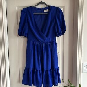 Eliza J Blue Surplice Neck Puff Sleeve Fit & Flare Dress